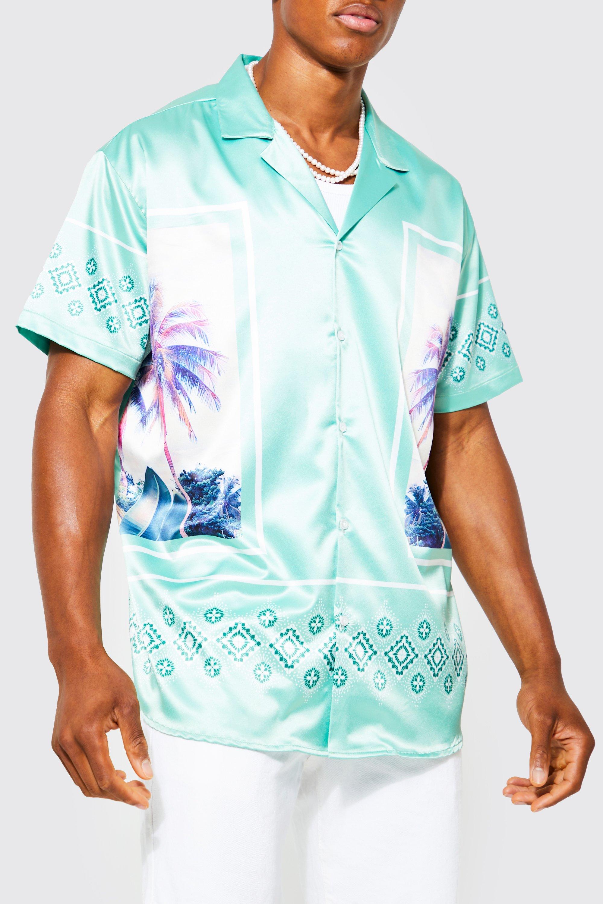 Men's Oversized Satin Palm Revere Shirt | Boohoo UK